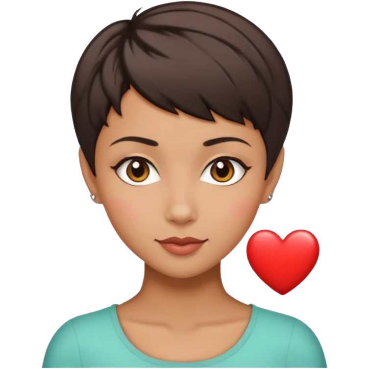 woman pixie cut dark brown hair, tan skin, brown eyes, heart shaped face emoji