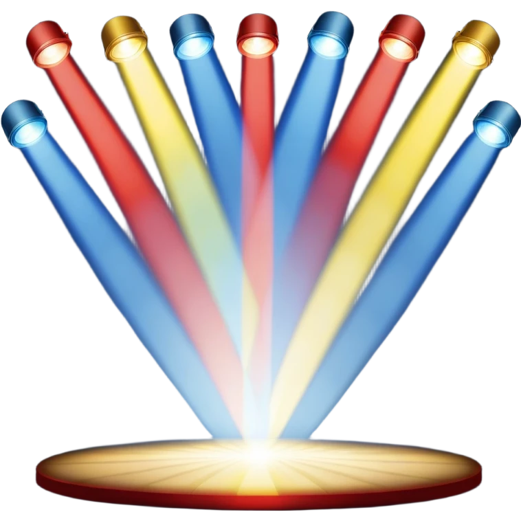 An emoji of stage lights shining brightly. Multiple spotlights in different colors (blue, yellow, red) angled towards a stage, creating a dramatic and concert-like atmosphere. Beams of light cutting through the darkness with a slight glow effect emoji