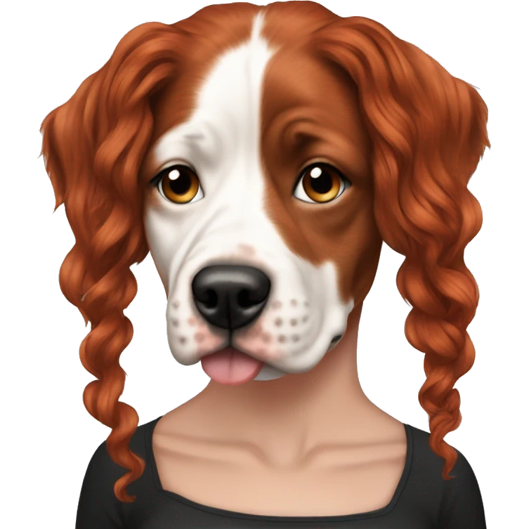 Long Red haired woman with septum piercing holding black and white English Staffordshire dog emoji