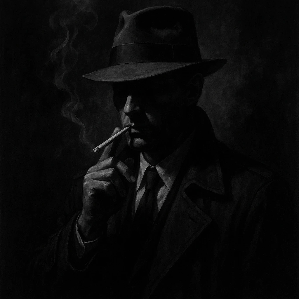 detective character in noir style, shadowy figure, wearing a fedora, smoking a cigarette, dramatic lighting emoji