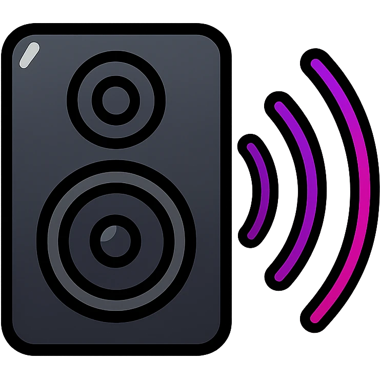 dark sleek metal speaker with subtle shine, sound waves in purple to pink gradient with neon effect emoji