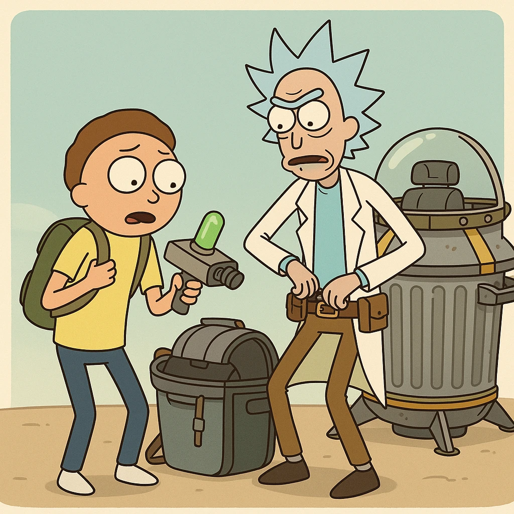 Rick and Morty preparing for new adventune. The're checking their equipment. And they trashcan space ship emoji