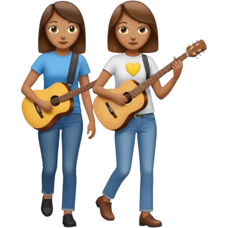based on emoji style, two people walking together. one is brown-haired woman, wearing business casual, holding a guitar. Another one is a non-binary person, wearing t shirt and jeans, and the second person doesn't have anything on their hands. emoji
