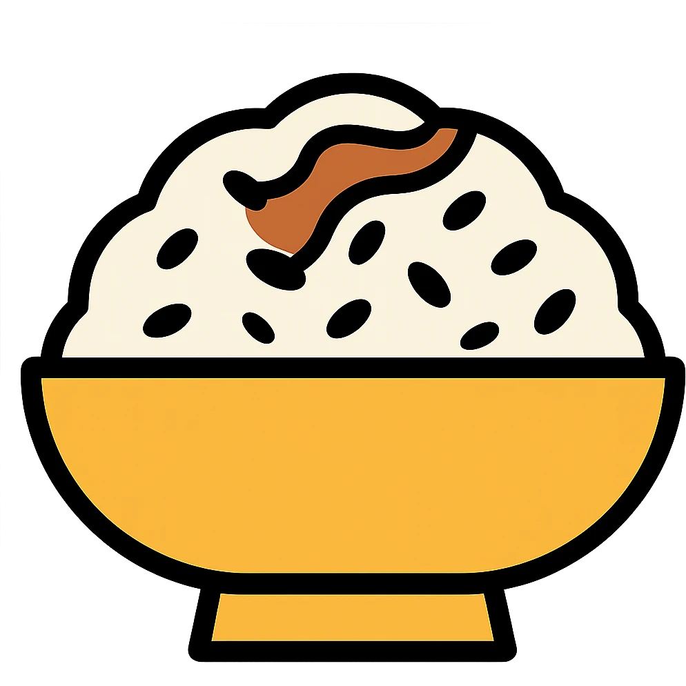 A dish of rice topped with black sesame seeds and soy sauce. emoji