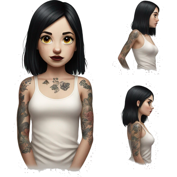 Hyperrealistic Pale girl with black hair arm tattoos emoji