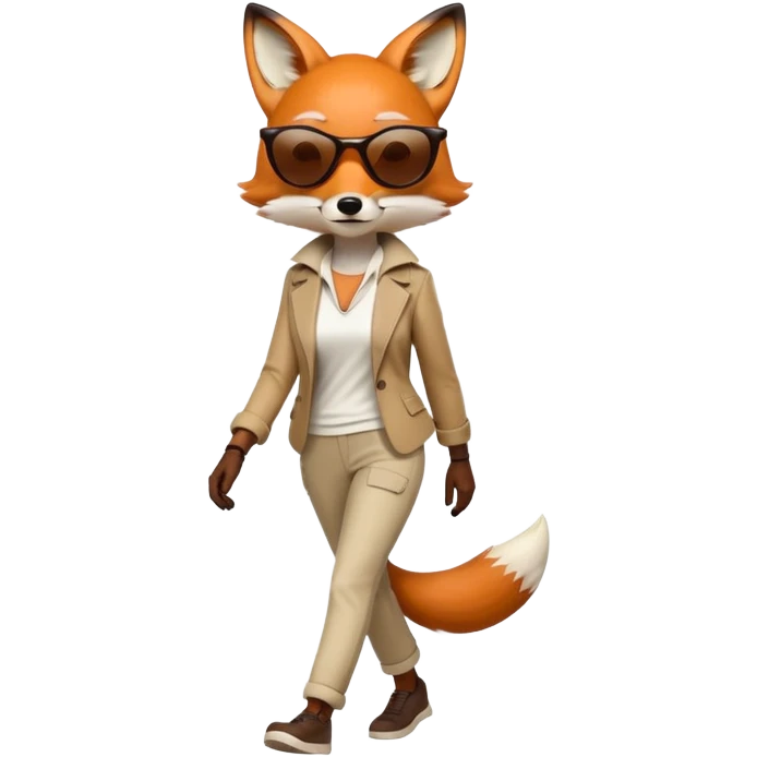 serious anthropomorphised female fox in stylish casual outfit with sunglasses, walking with confidence, full-body emoji