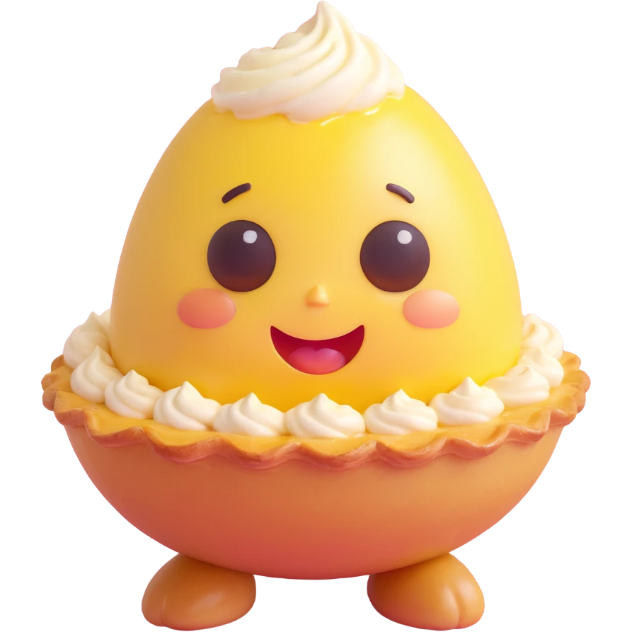 kawaii 3D egg tart character, golden crispy tart shell, jiggly custard face, big watery eyes, cartoon mouth, pastel palette, chubby cheeks, comical emotion, soft light, glossy texture emoji