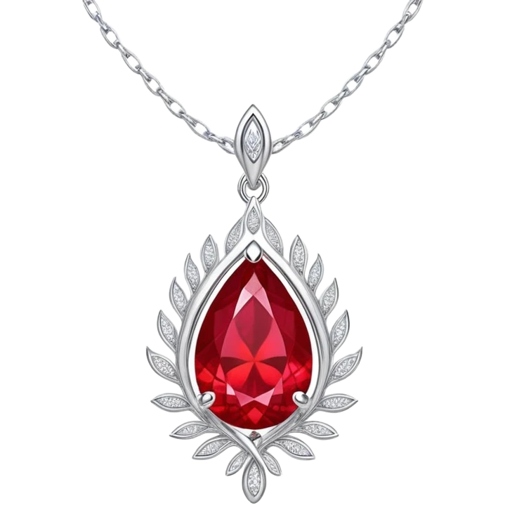 teardrop ruby pendant with fiery light, tiny phoenix feather emerging, haloed by shimmering white stones, silver chain like liquid moonlight emoji