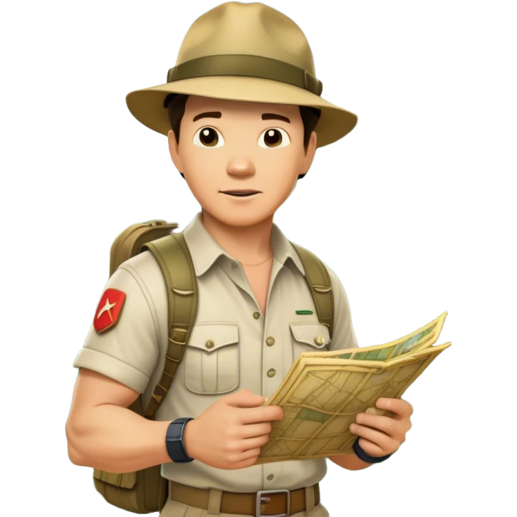 Icon for Adventure Movie: Mark Wahlberg among jungle in a jungle setting, holding a treasure map and surrounded by adventure gear. Behind him, ancient ruins rise through the dense foliage. Exciting, action-packed atmosphere with vivid jungle details. Transparent background. emoji