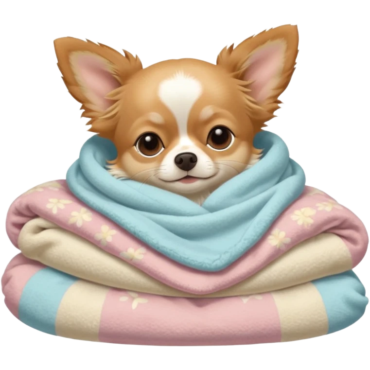 Long haired chihuahua, beige, no white on head, with white chest and white socks, sleeping cutely under blanket emoji