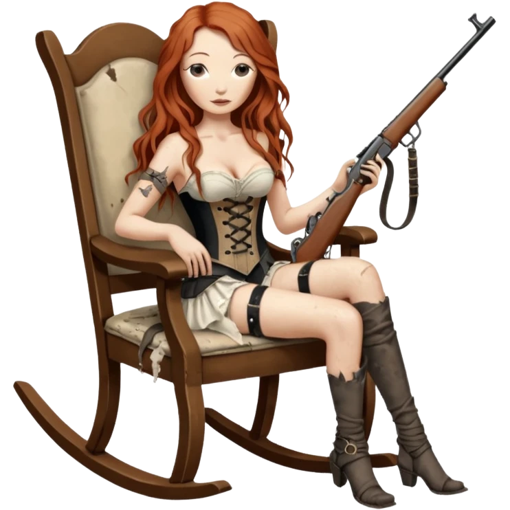 realistic cinematic Tori Amos sits on a rocking chair in a torn corset, holding an antique rifle and her bare feet are muddy. A white snake is wrapped around the chair. emoji