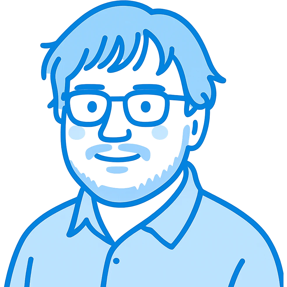 A man with glasses, disheveled longer hair with wispy bangs, a naturally round facial structure but not overweight, a broader nose bridge, and a light beard. Use blue colors for all outlines and details. emoji