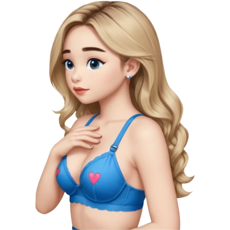 Sabrina carpenter side view with her hands folded and a kiss mark on her back, wearing a blue bra emoji