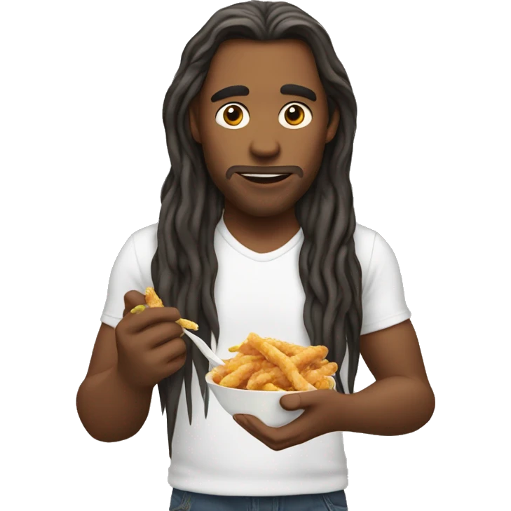 man with long hair eating chicken strips emoji