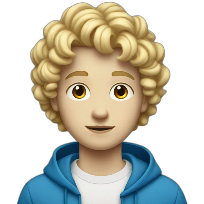 A white teenager boy in a blue sweatshirt with a round face short curly blonde emoji