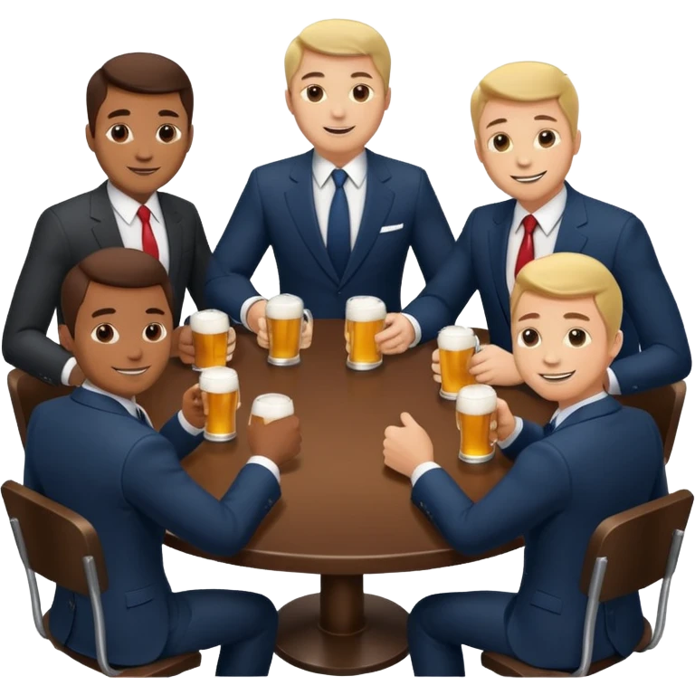 a business meeting of serious businessmen in suits at a round table, drinking beer. emoji
