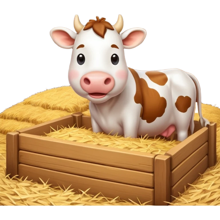 cute cow feeding scene inside a cow barn, wooden stable, hay bales, feeding trough, happy cow eating hay, warm farm lighting, 3D cartoon, mobile game icon style, clean background, no text, no watermark
 emoji
