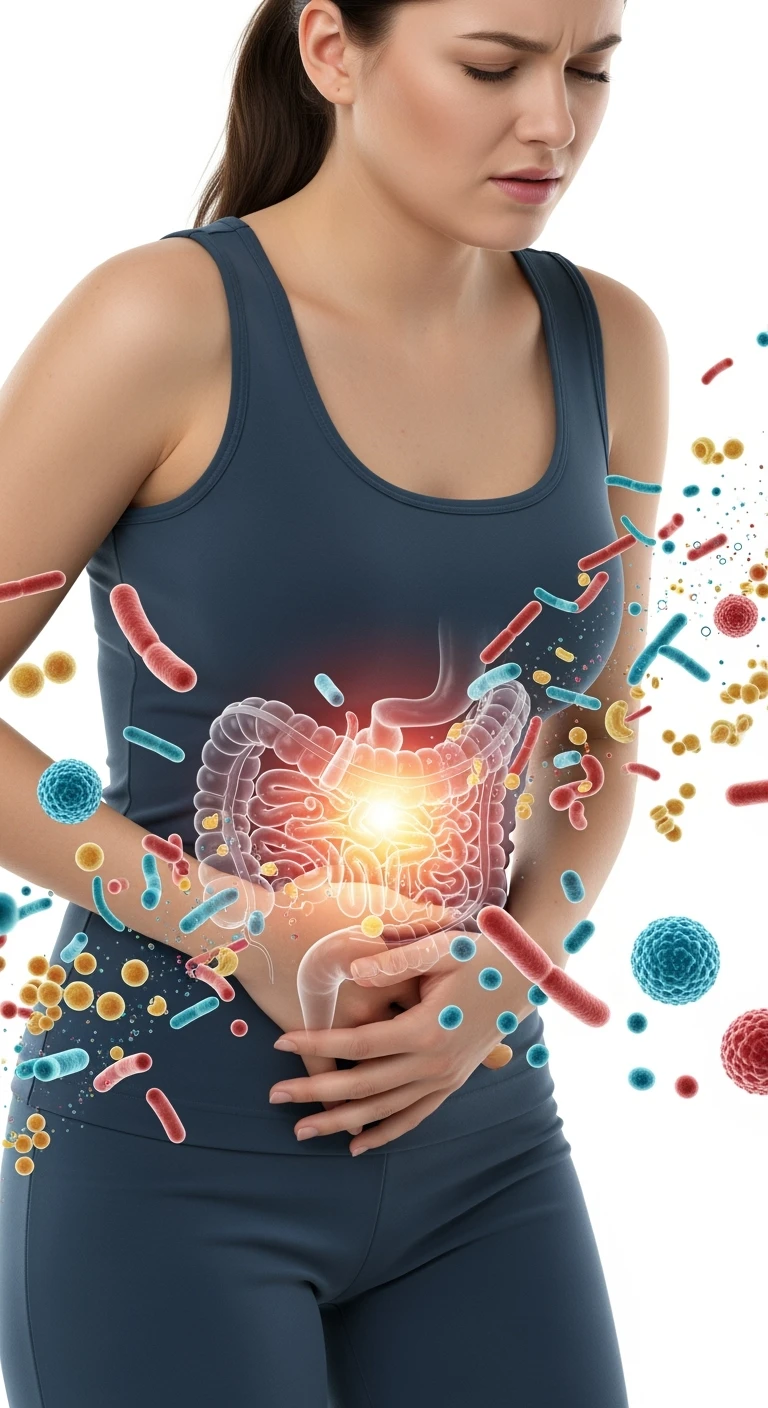DONNA CON MAL DI PANCIA E INTESTINO UMANO ANATOMICO VISIBILE, BATTERI INTESTINALI FLUTTUANO INTORNO, IPERREALISTICO 4K, SFONDO BIANCO emoji