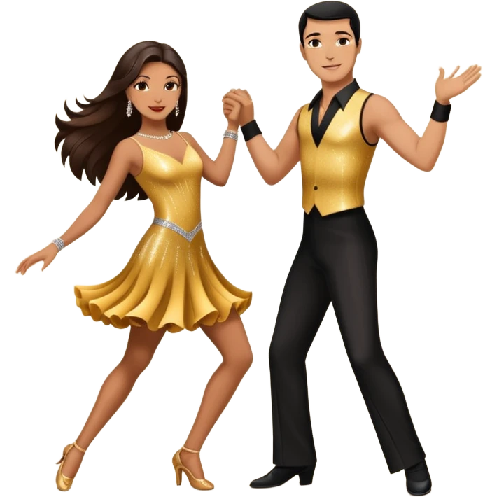 Photorealistic dancesport professional latin couple dancing the samba at the competition dancefloor, the women is in skinny sparkly dress, , the women has brown long hair, the man has short black hair, the man hold woman's hand by his one hand and his second hand is on the women's waist  emoji
