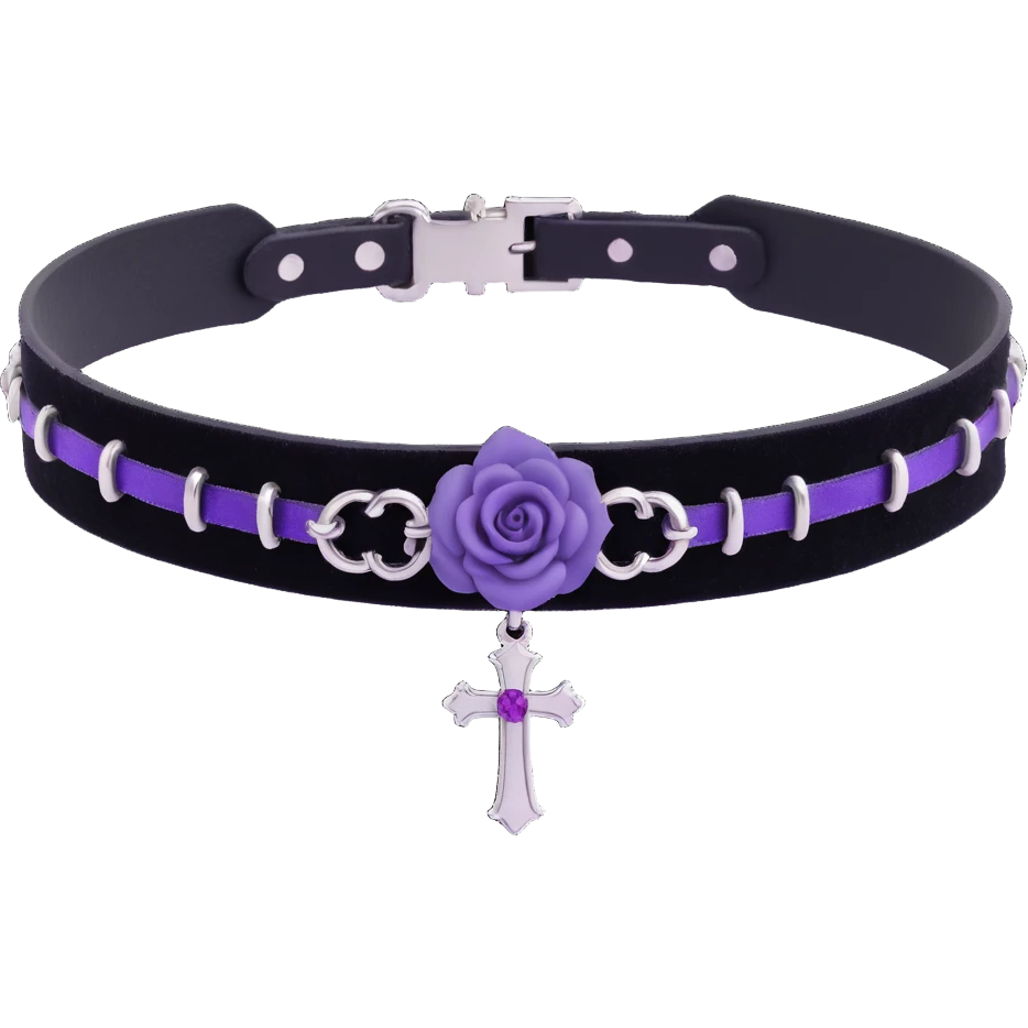 gothic choker with black velvet band, silver cross pendant, purple rose accent, ornate and dark gothic style emoji