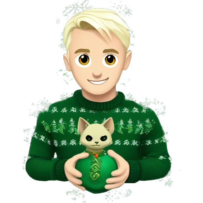 Draco Malfoy in a Slytherin-themed Christmas sweater, with a mischievous grin, holding a green and silver ornament Draco Malfoy in a Slytherin-themed Christmas sweater, with a mischievous grin, holding a green and silver ornament emoji