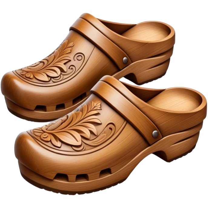 Cinematic Realistic Wooden Clogs Emoji, depicted as a pair of traditionally carved wooden clogs with intricate details and rustic charm. emoji