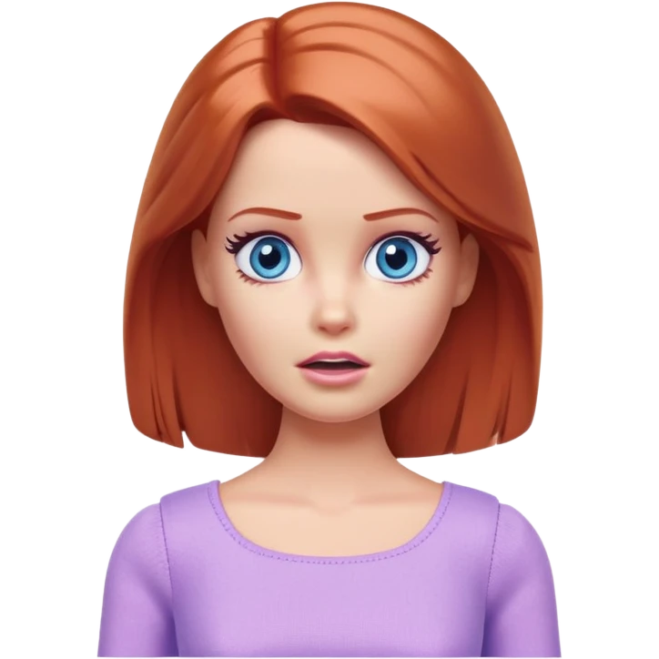 Barbie girl Chestnut-red Shoulder-length hair and blue eyes is In pale purple clothes a Feels terrified emoji