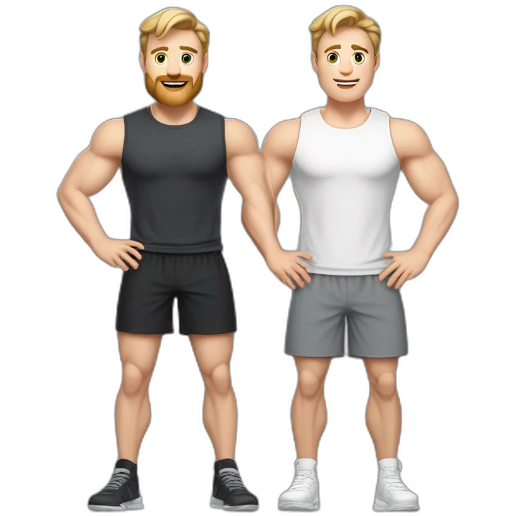 Full height Actively gesturing with hands Pale skinned Fit Man With the biceps and light brown hair with Bristle in dark gray Sleeveless Mike, black oversize sports shorts and white Sneakers emoji