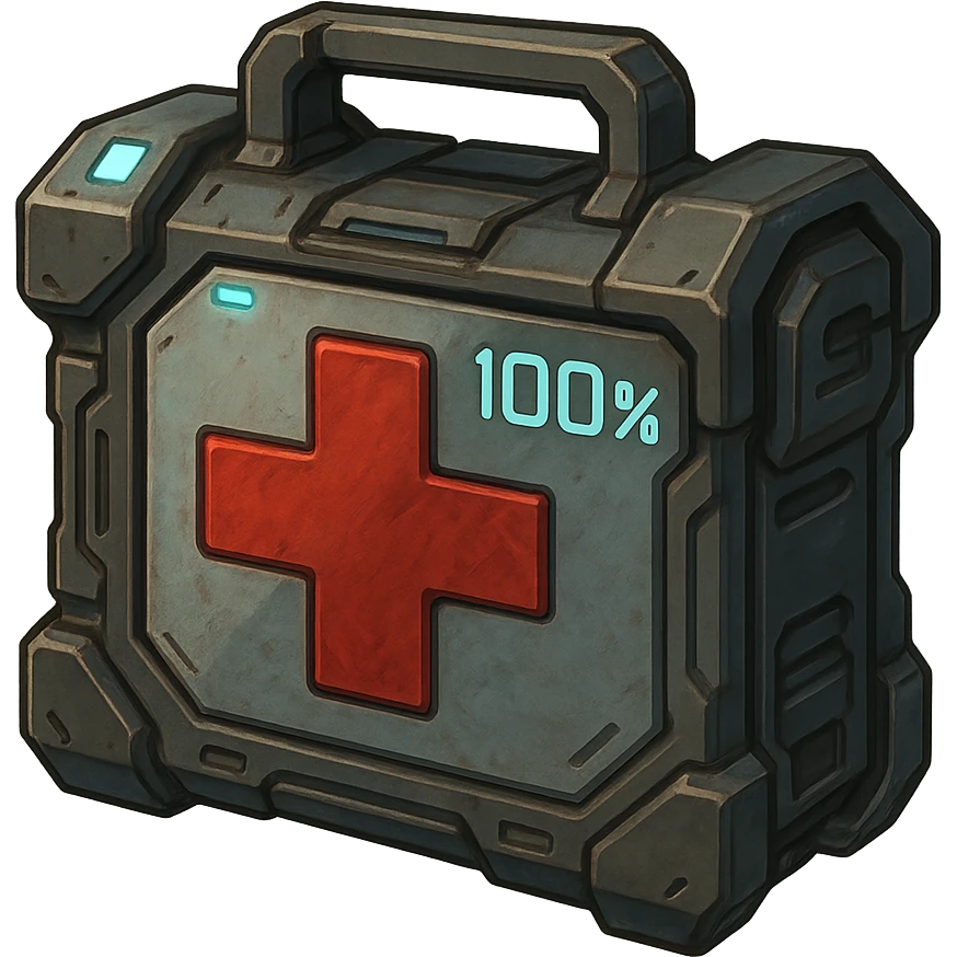 the image is the icon for a videogame pick up item, it is a medkit, medic kit, %100, fututistic cyberpunk, "HALO: Reach" emoji