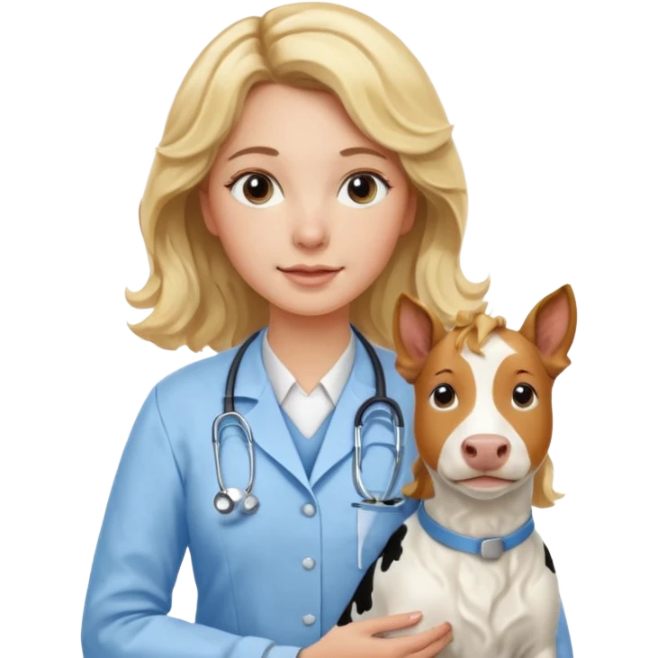 Joven mujer, de cabello bajo los hombros rubio con ondas y partidura al medio.  veterinaria de perros, vacas y caballos, con traje clínico celeste, sin delantal blanco emoji