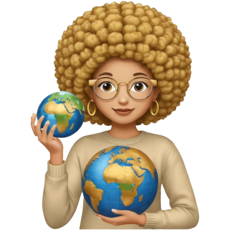 a young woman wearing gold round glasses and afro hair, she has medium/mate skin, she's wearing a sweater and she's holding a globe in her hand emoji