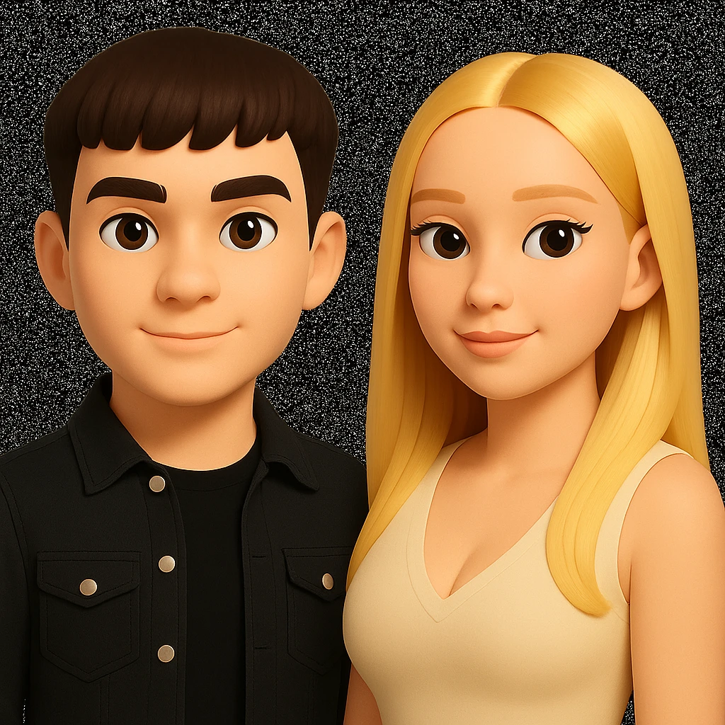 Slightly increase the volume of the upper body of the girl, separate the girl and the boy from each other, and make the skin color the same for both characters. Maintain the cartoonish 3D style in the edit. emoji
