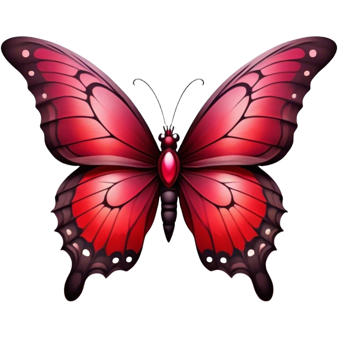 A breathtaking Gothic butterfly with wings adorned in a mesmerizing gradient of ruby, scarlet, burgundy, Venetian, and rustic red takes flight in the foreground. Behind it, dark and weathered crosses stand shrouded in crimson mist, creating a haunting yet beautiful contrast. emoji