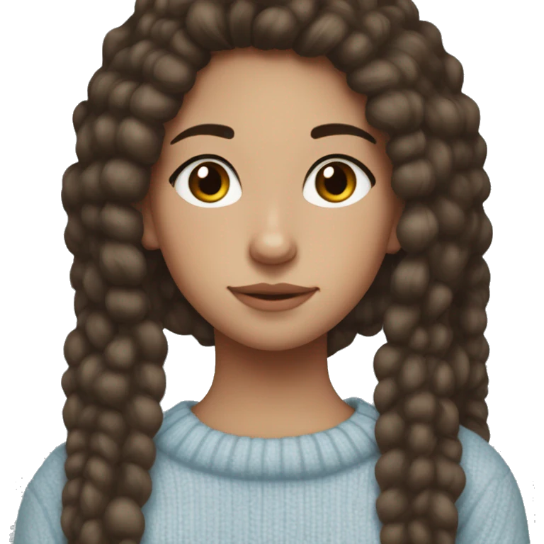 teenage girl, hispanic, freckles, afro brown hair, pony tail, brown eyes, light blue sweater, winter sweater, freckles emoji