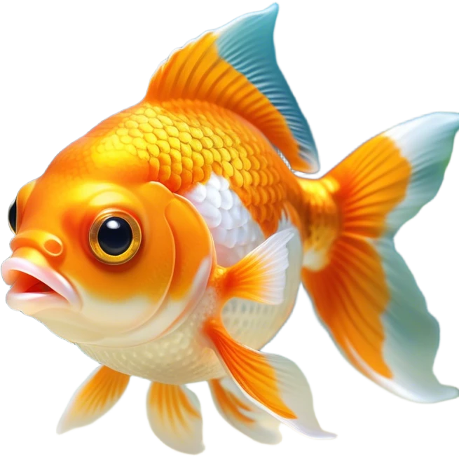 Cinematic Cute Orange and White Goldfish Portrait Emoji, Head tilted playfully and inquisitively, featuring a glossy, vibrant body adorned with a striking mix of orange and white, round, sparkling golden eyes filled with curiosity, Simplified yet irresistibly adorable features, highly detailed, glowing with a warm, friendly glow, high shine, affectionate and lively, stylized with a touch of whimsy, bright and endearing, soft glowing outline, capturing the essence of a mischievous yet loving goldfish, so playful it feels like it could swim out of the screen and into your heart! emoji