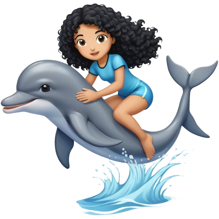 A girl with black curly hair riding a dolphin ￼ emoji