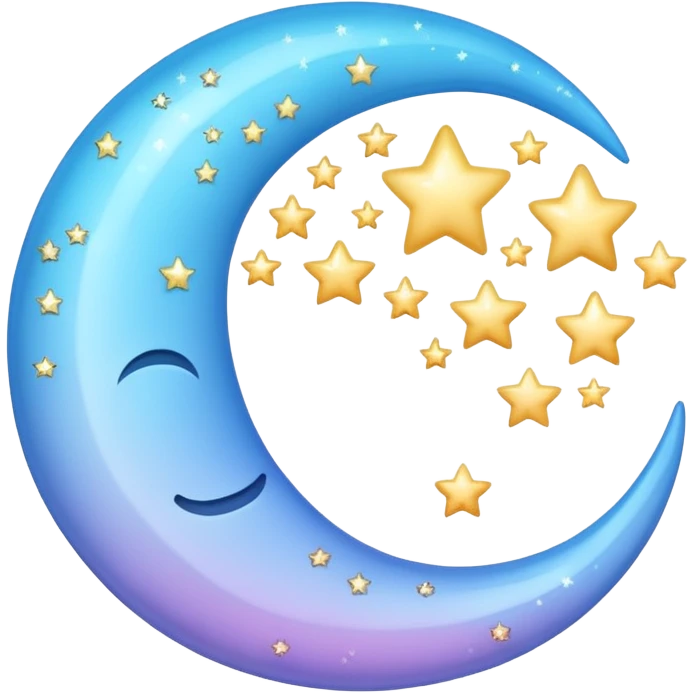 sparkly glossy pastel blue-gradient crescent moon with small stars emoji