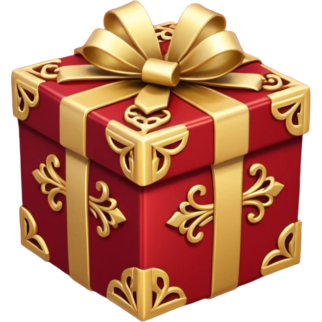 Create a highly polished, 3D game UI–style gift box with a luxurious red and gold theme. gift box ,The square box features deep crimson-red panels with ornate gold metallic trim and filigree details along the edges.  emoji