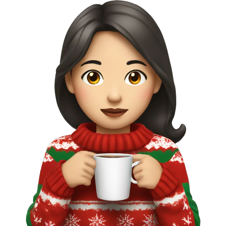 asian girl drinking coffee wearing Christmas sweater emoji