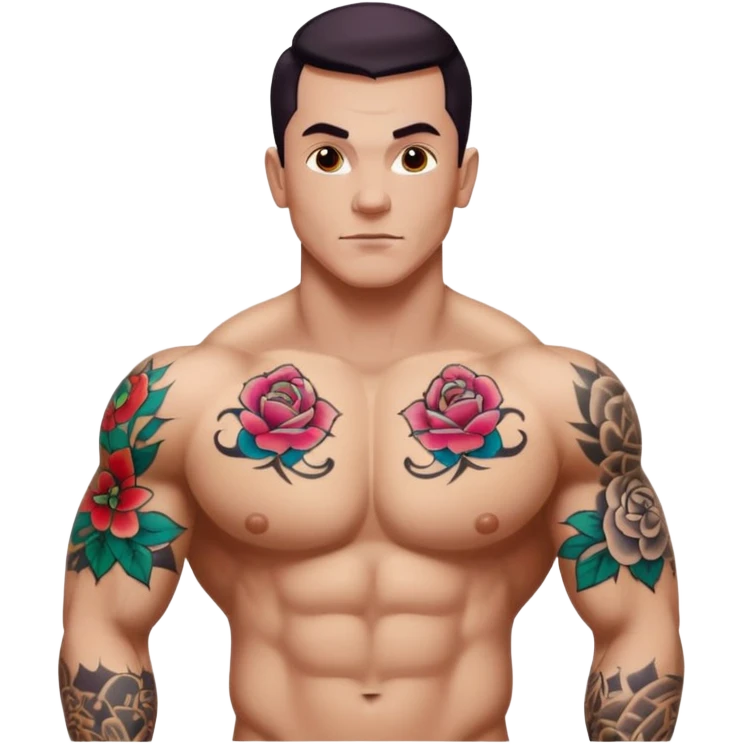 tattoo man, white skintone, more highlight the tattoo, body builder, tatto on fully chest, more tattoos on the body. emoji