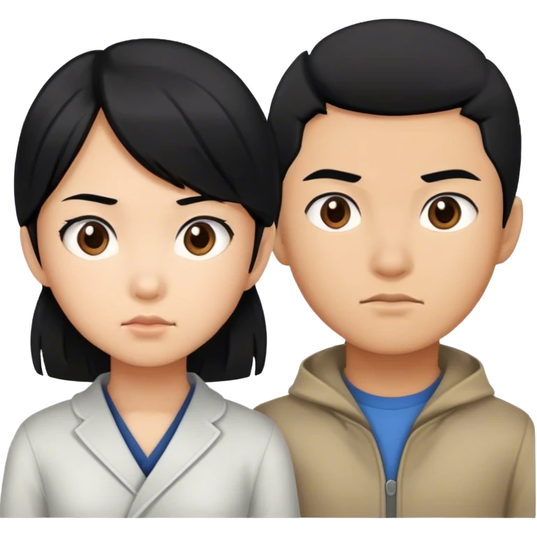 Emoji of a determined, North Korean defector, must be asian girl with her little brother, both must have black hair emoji
