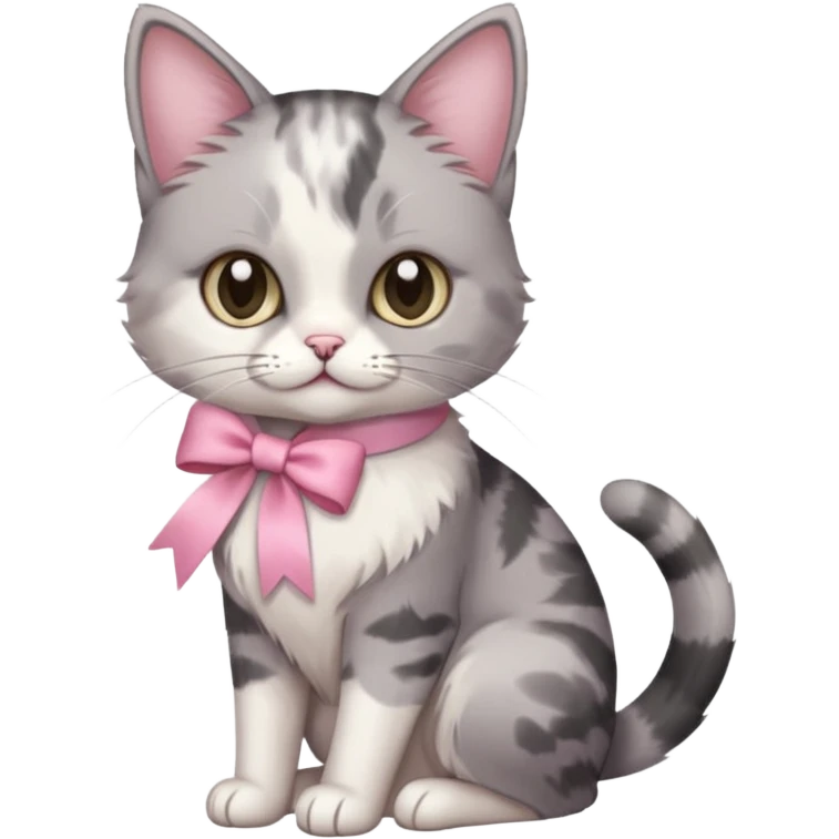 Sitting Dilute grey calico cat with pink ribbon emoji