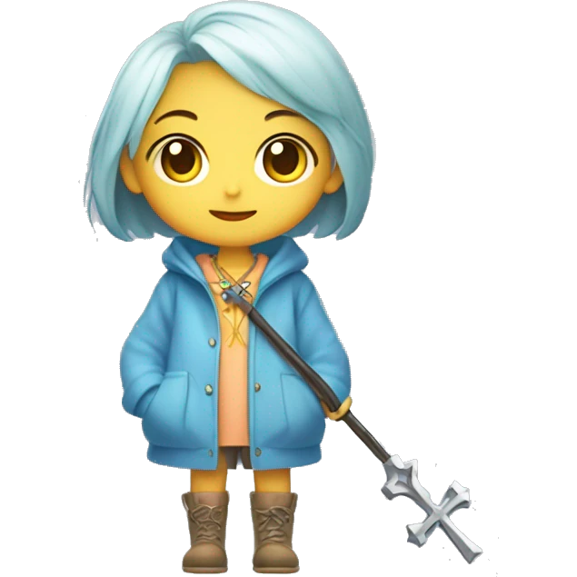 Cute little girl with light short blue hair with peach skin, with yellow raincoat hidden with boots holding a staff, with a cross necklace, Sanrio design emoji