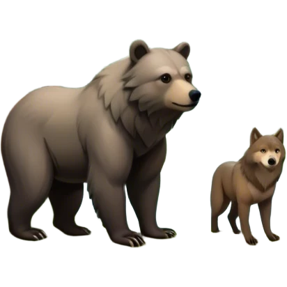 Close-up Collage of a bear and a wolf in a beautiful forest, surrounded by tall trees, green foliage, and a serene river. The animals are in their natural habitat, showcasing strength and majesty. A vibrant and peaceful wilderness scene with a transparent background. emoji