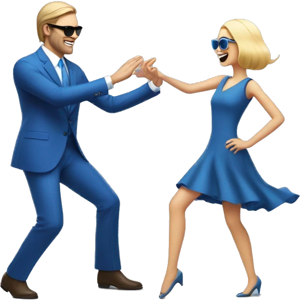 A white-skinned man in a blue suit, square sunglasses is dancing to full-length music in front of a girl in a blue dress, they look at each other and dance emoji