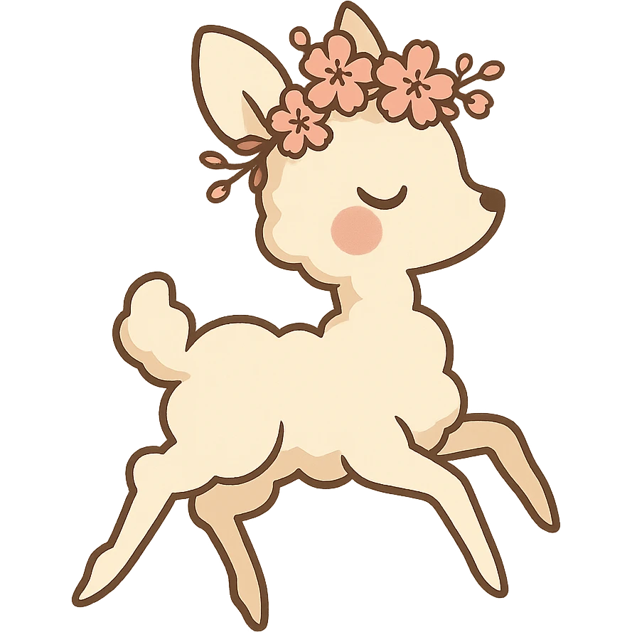 vanilla-colored cloud doe with rosy cheeks, cherry blossom crown, floating gracefully with witch-like elegance, brand identity mascot for social media emoji