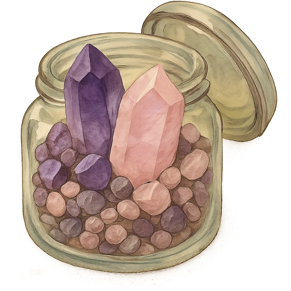 very realistic amethyst and rose quartz crystal pieces in an open glass jar, pretty small rough pebbles, mixed together, natural colors, soft, fairy-like atmosphere, no background, square size emoji