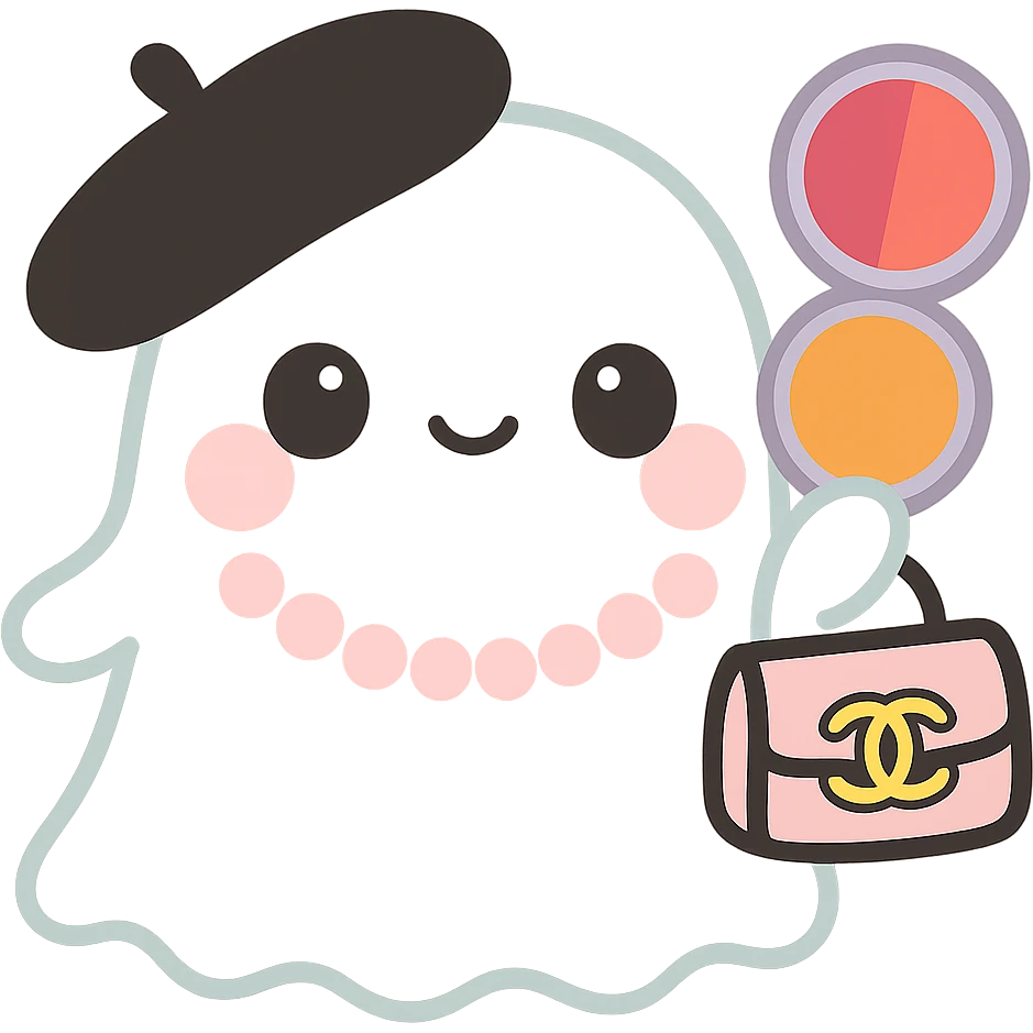 Add a pearl necklace to the ghost. Keep the ghost white, with a black beret, pink Chanel purse, and a blush compact with deep pink and rich orange colors. Maintain the kawaii style with no background. emoji