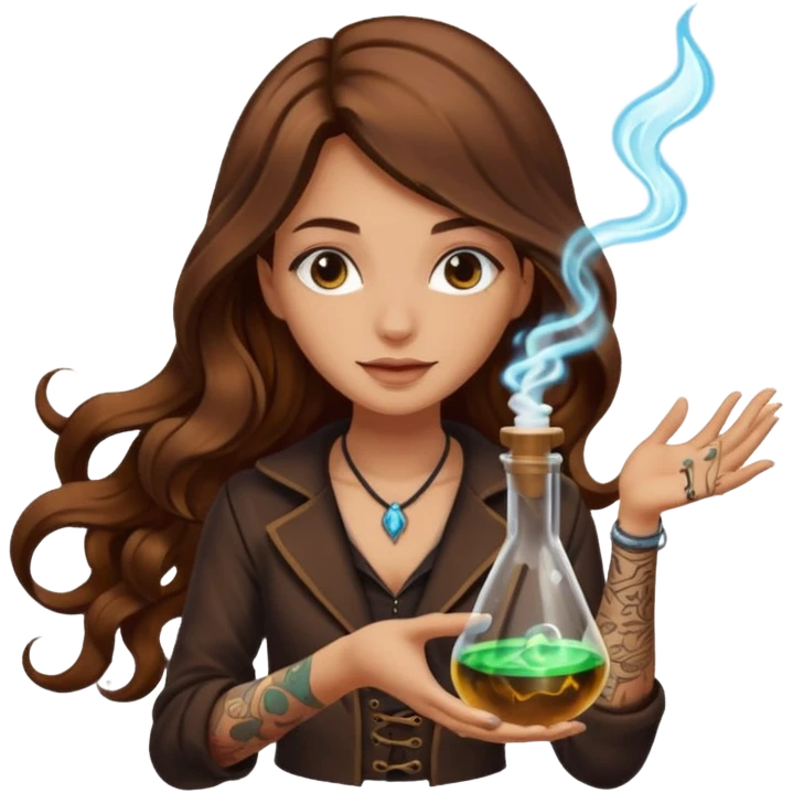 alchemist woman long wavy brown hair tattoos flipping glowing vial emoji