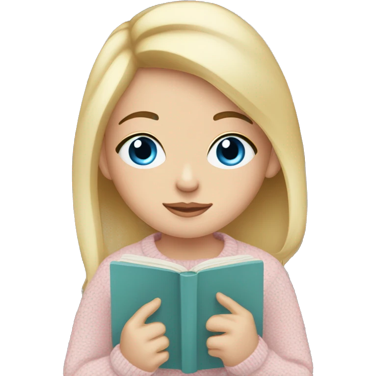 Pretty blue eyed white girl with light pink sweater reading cozy emoji